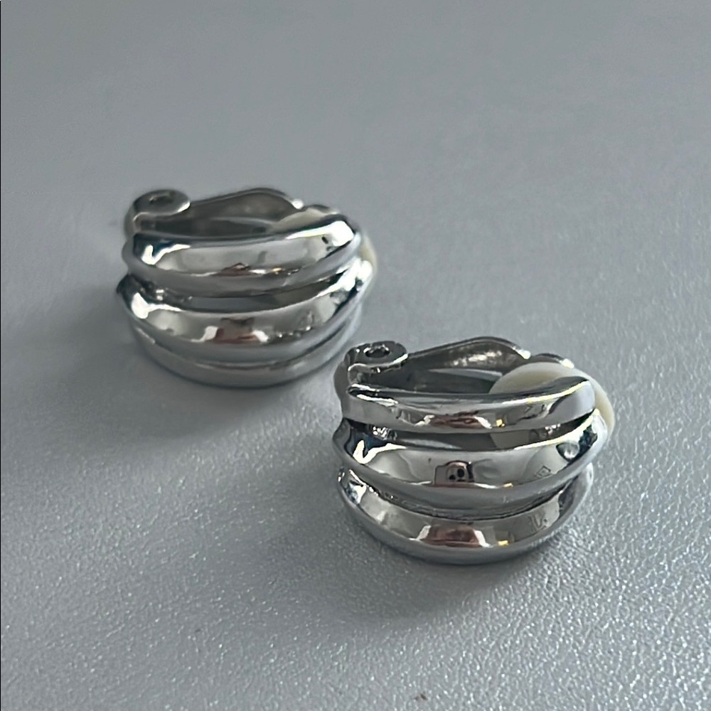 Silver Triple Hoop Clip On Earrings